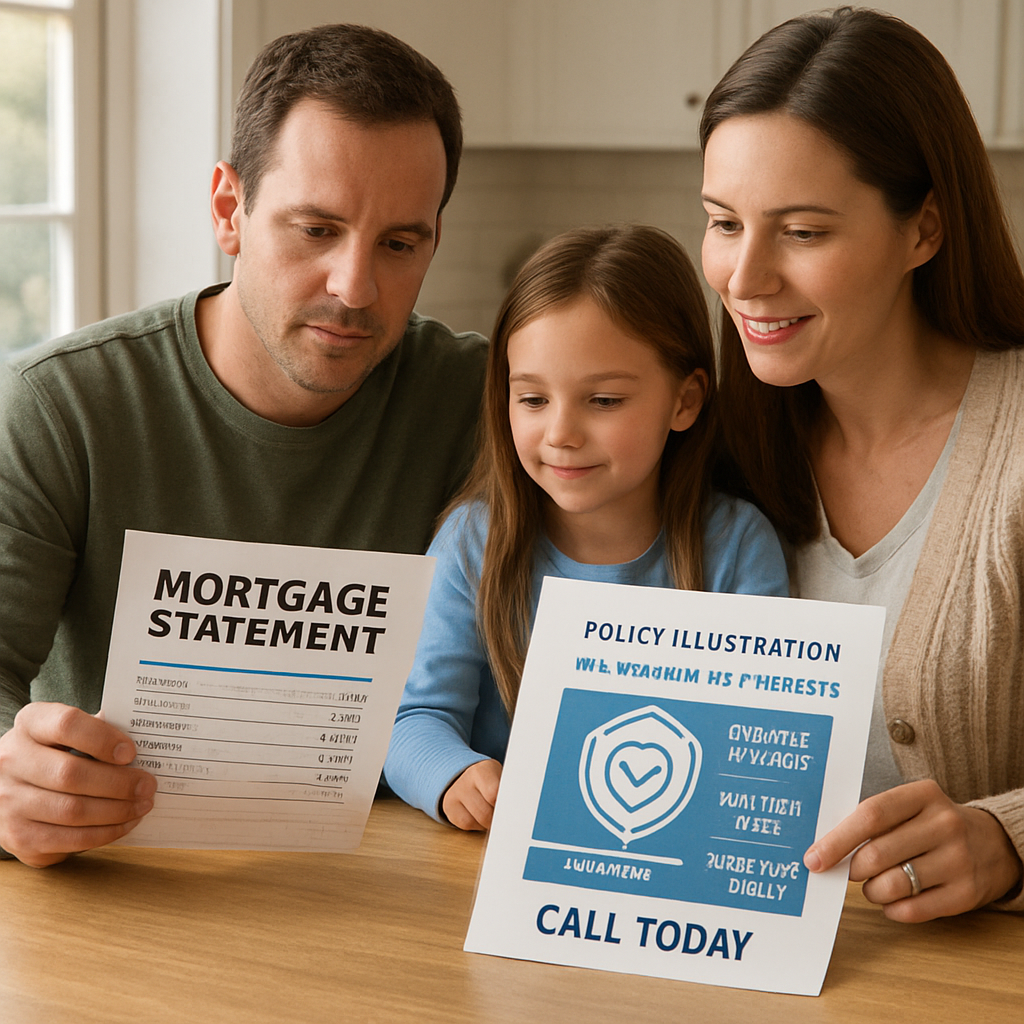 A photorealistic scene of a family at a kitchen table, reviewing a mortgage statement and a policy illustration that highlights living‑benefit riders, soft natural light, realistic style, Alt: mortgage protection insurance cost per month with living benefits and riders illustrated