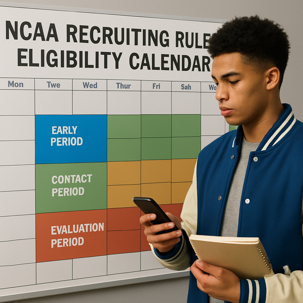 A high‑school athlete looking at a calendar filled with colored blocks representing NCAA recruiting windows, holding a phone and a notebook. Alt: NCAA recruiting rules eligibility calendar visual guide.