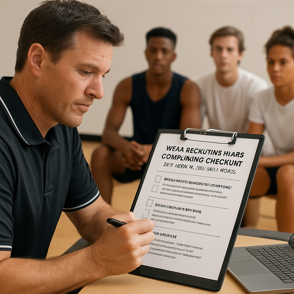 A coach reviewing a compliance checklist with a laptop and a group of athletes in the background. Alt: NCAA recruiting rules compliance checklist for coaches and institutions.