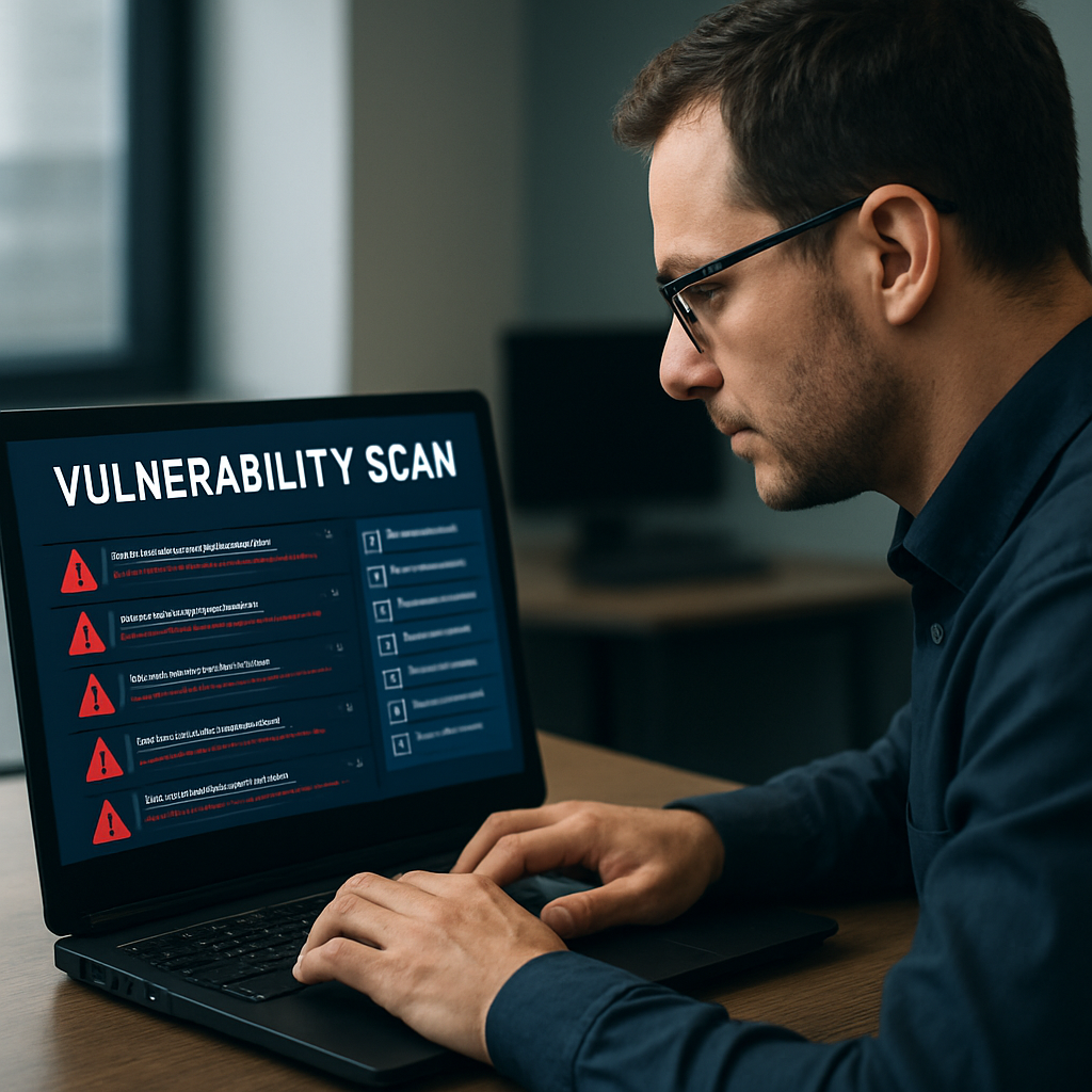 A cybersecurity specialist reviewing a laptop screen filled with vulnerability scan results, showing red flagged items alongside a checklist. Alt: Penetration testing services uncover hidden vulnerabilities for SMBs.