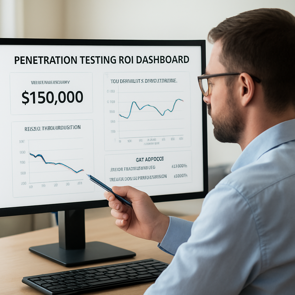 A business analyst reviewing a dashboard of penetration testing ROI metrics, with charts showing breach risk reduction and vulnerability density trends. Alt: Penetration testing ROI dashboard visualizing financial impact and improvement metrics.