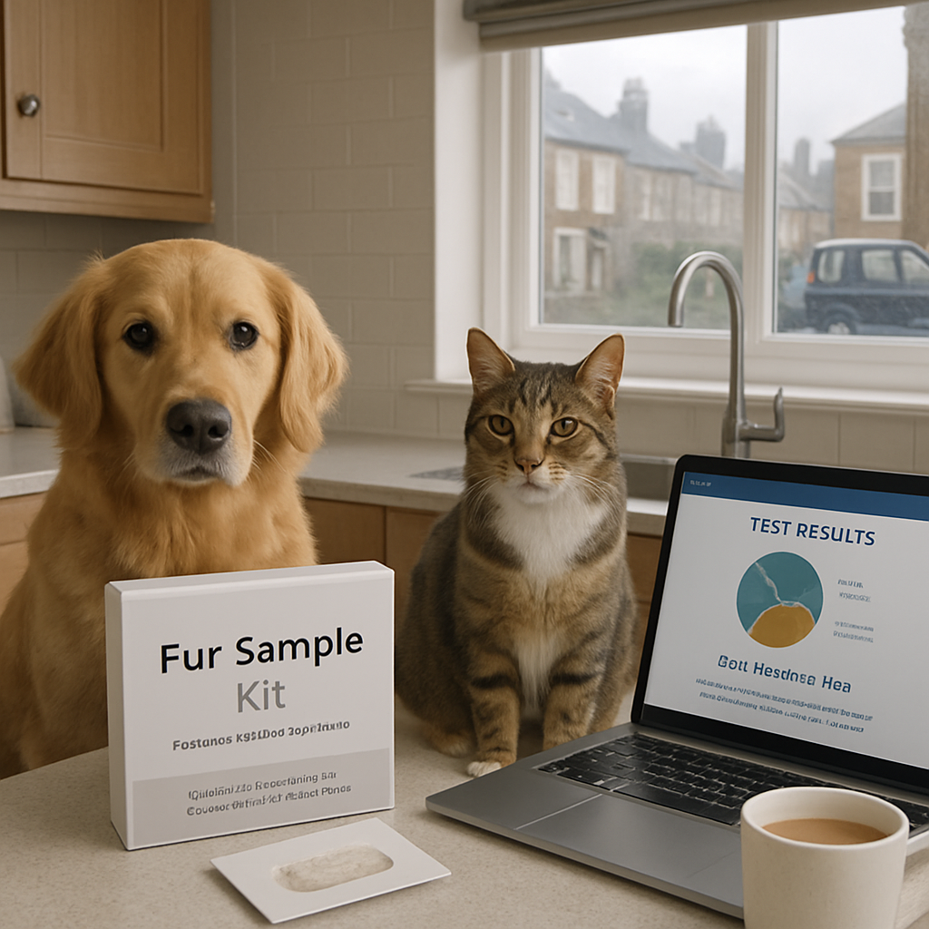 A photorealistic scene in a British kitchen showing a dog and cat calmly beside a fur-sample kit and a laptop displaying a test results portal, with a cup of tea on the counter and a window with a grey UK sky outside. Alt: UK pets sensitivity test uk at-home fur sample kit with diet transition planning in a British home.