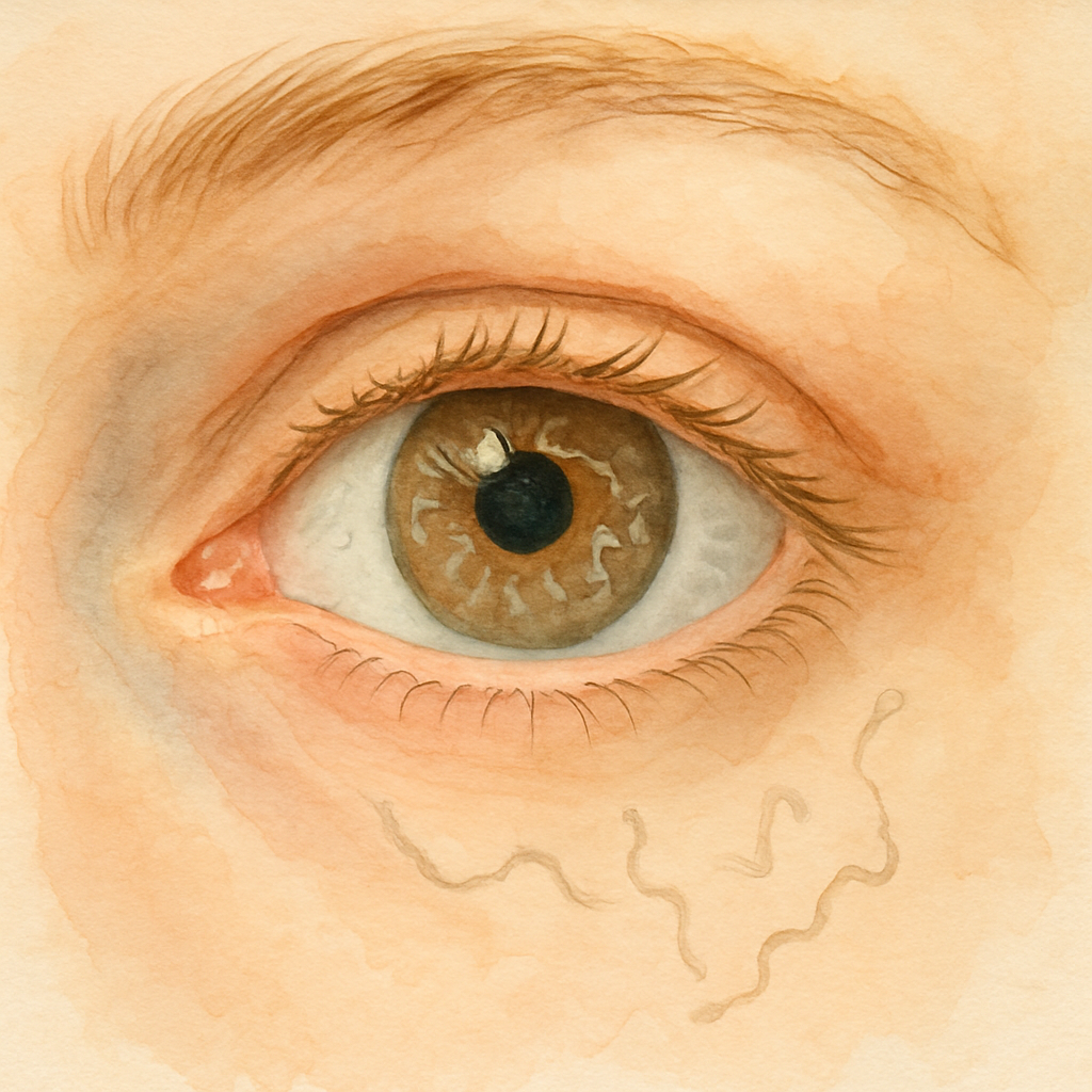 A close‑up of a person's eye with floating specks visible in the vitreous, soft daylight illuminating the eye, showing the subtle floaters against a clear background. Alt: Early vitreous separation floaters in the eye, illustrating posterior vitreous detachment stages.