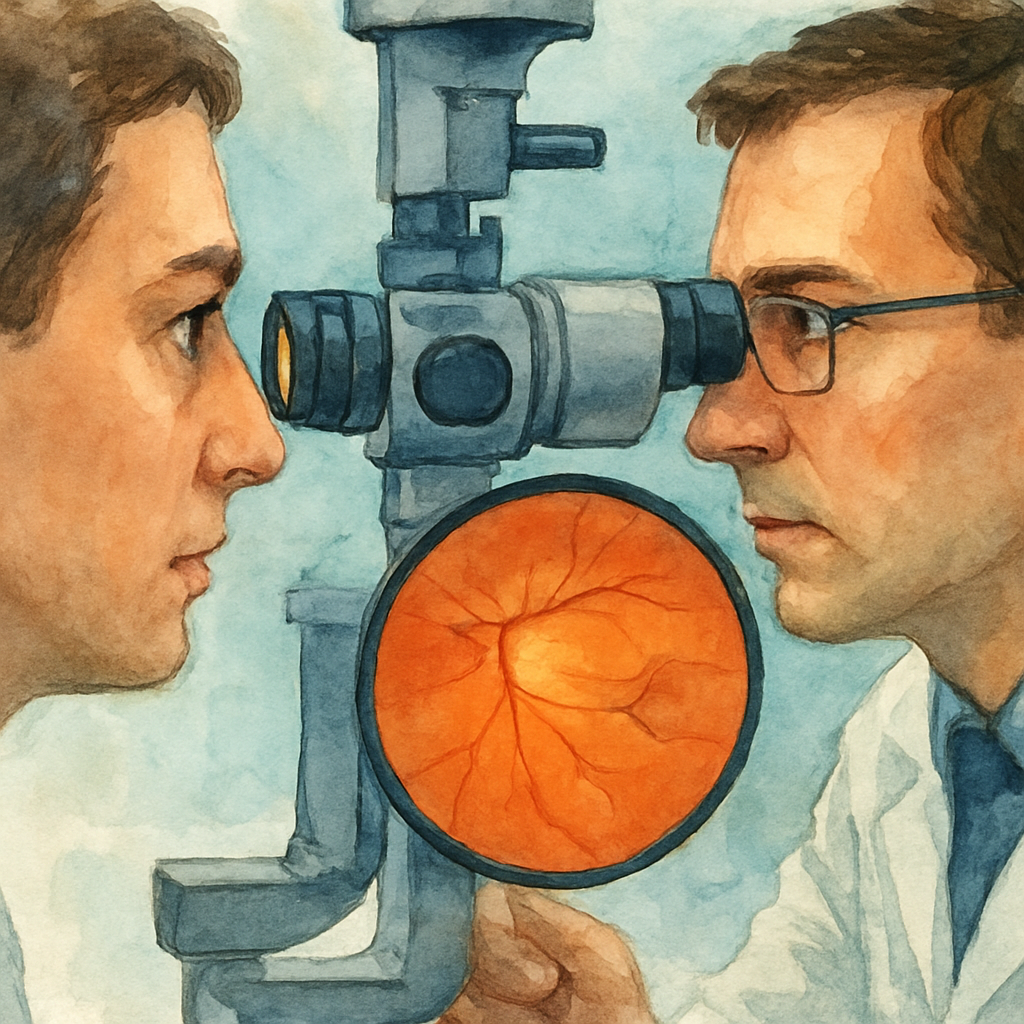 A close‑up of an ophthalmologist examining a patient's retina with a slit‑lamp, showing the subtle signs of a retinal tear. Alt: retinal tear detection during posterior vitreous detachment management.