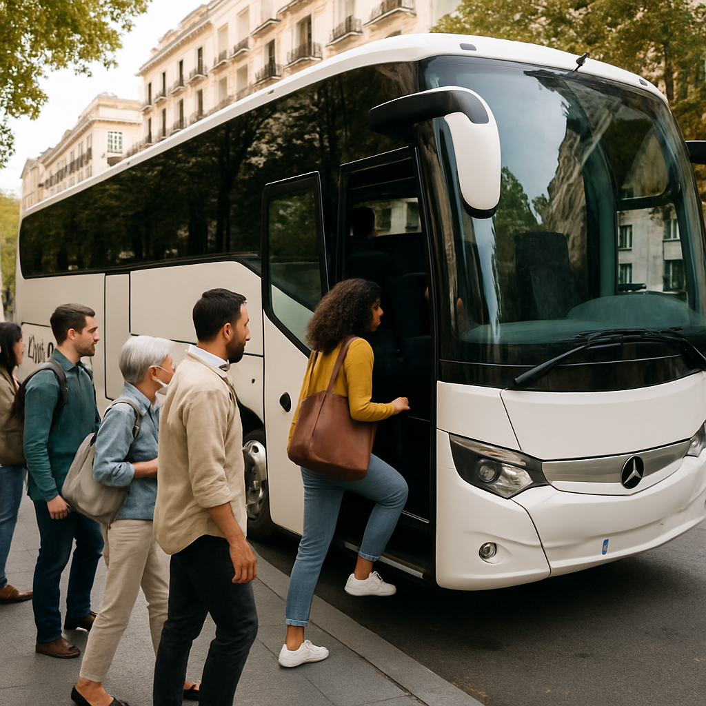 Comfortable modern private bus in Madrid city street with diverse group boarding, symbolizing tailored group travel experience. Alt: Private bus hire Madrid cost per day with group boarding a luxury bus in Madrid.