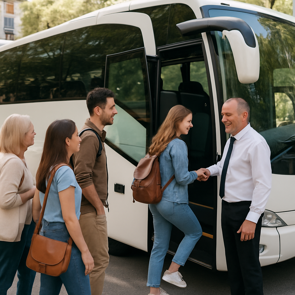 A group happily boarding a modern private bus in Madrid, with a friendly driver helping guests. Alt: Private bus hire Madrid cost per day with a welcoming and comfortable travel experience.