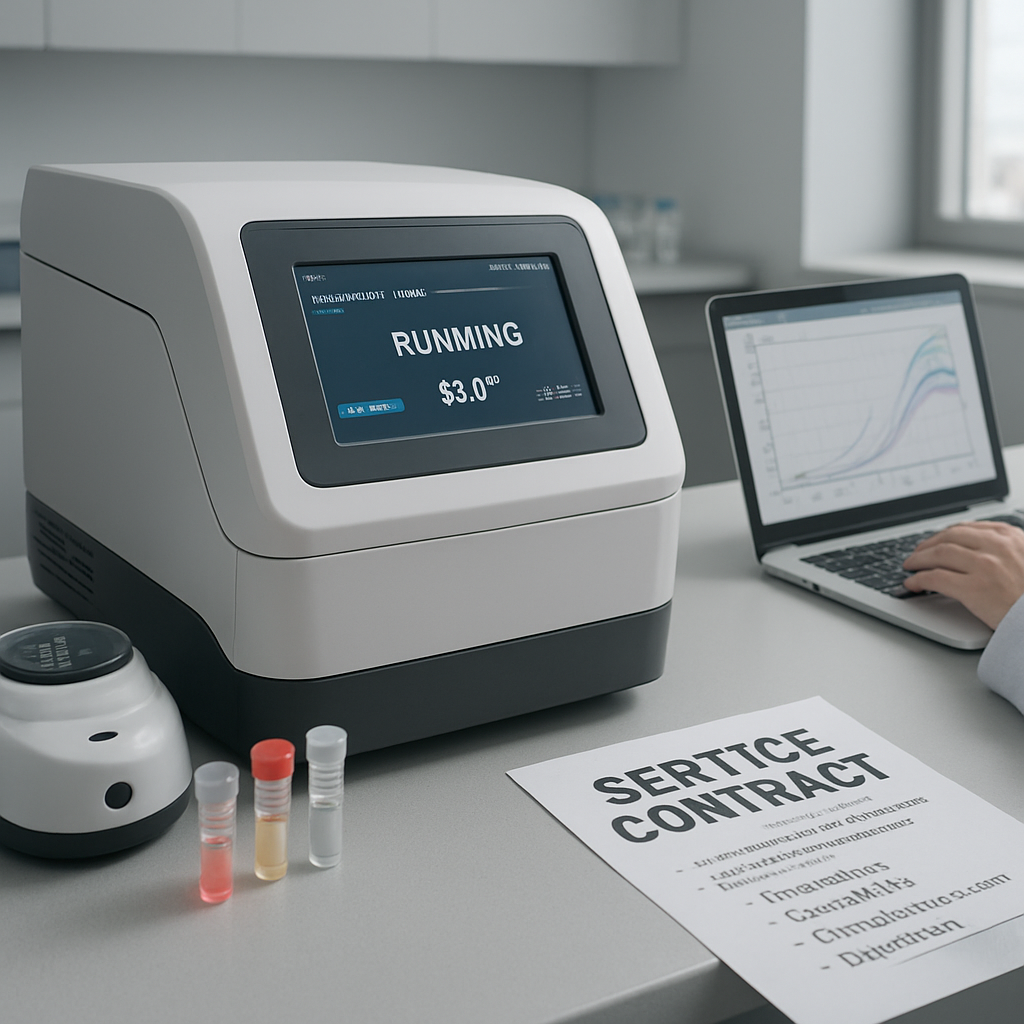 A photorealistic lab bench featuring a modern real-time PCR machine with a digital display, surrounded by labeled reagent tubes, a microcentrifuge, and a researcher in a lab coat reviewing data on a laptop. The scene highlights the machine's sleek design and emphasizes cost‑related accessories like a service contract flyer on the bench. Alt: real-time PCR machine price factors visual guide.