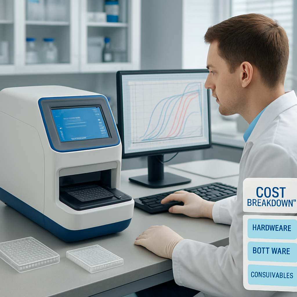 A photorealistic lab scene showing a real-time PCR machine on a benchtop with plates, a researcher reviewing data on a monitor, and visible cost breakdown components like hardware, software, and consumables. Alt: Real-time PCR machine price cost breakdown in a modern genomics lab.