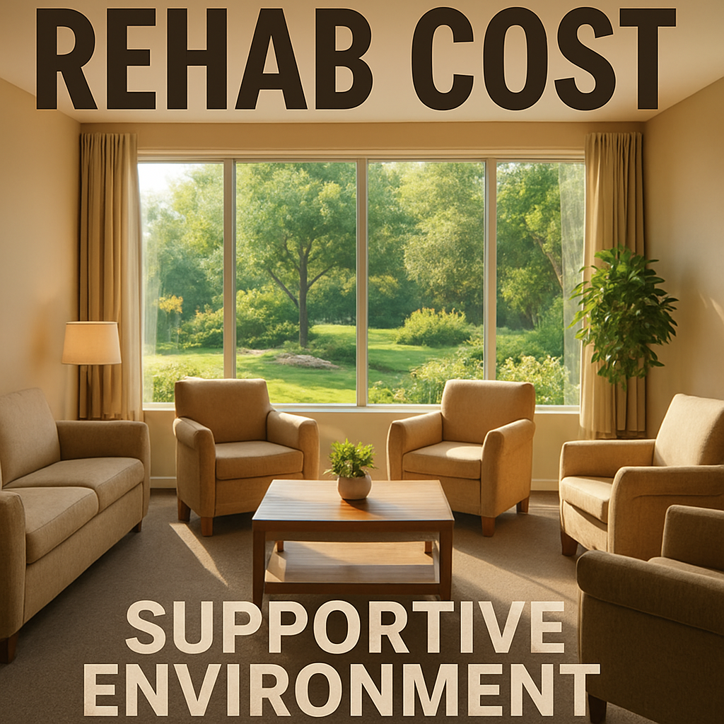 A calm, sunlit rehab facility lounge with comfortable seating and a view of a garden, illustrating a supportive environment for recovery. Alt: rehab cost supportive environment illustration.