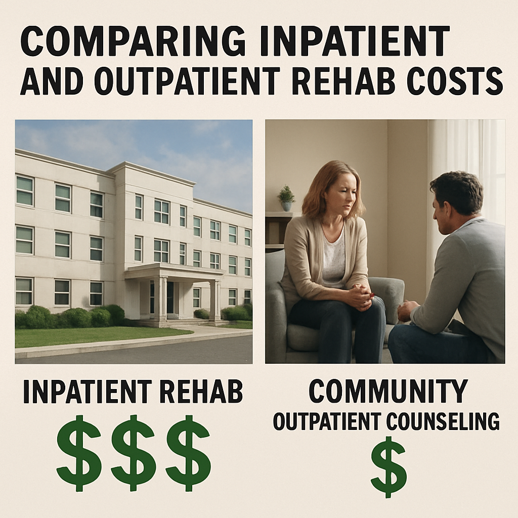 A side‑by‑side comparison chart showing a residential rehab building on one side and a community outpatient counseling room on the other, with dollar signs illustrating cost differences. Alt: Comparing inpatient and outpatient rehab costs.