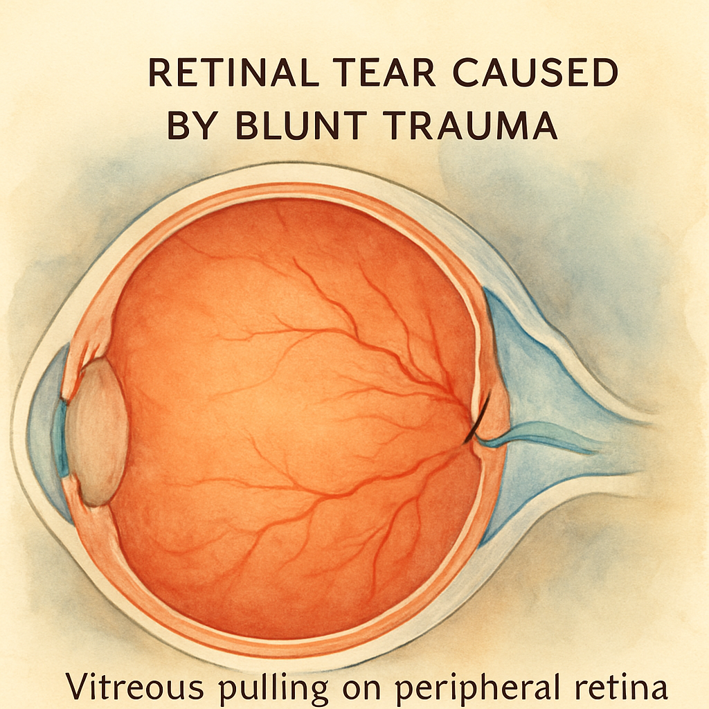 A close‑up illustration of a retinal tear caused by blunt trauma, showing the vitreous pulling on the peripheral retina. Alt: trauma‑related retinal tear diagram