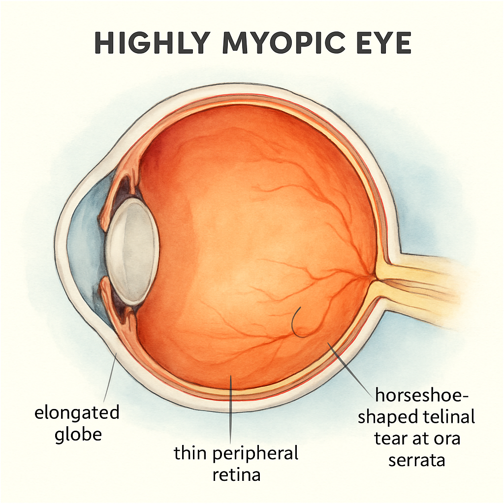 An illustration of a highly myopic eye showing an elongated globe, thin peripheral retina, and a small horseshoe‑shaped retinal tear at the ora serrata. Alt: Myopia‑related retinal tear illustration highlighting risk areas.