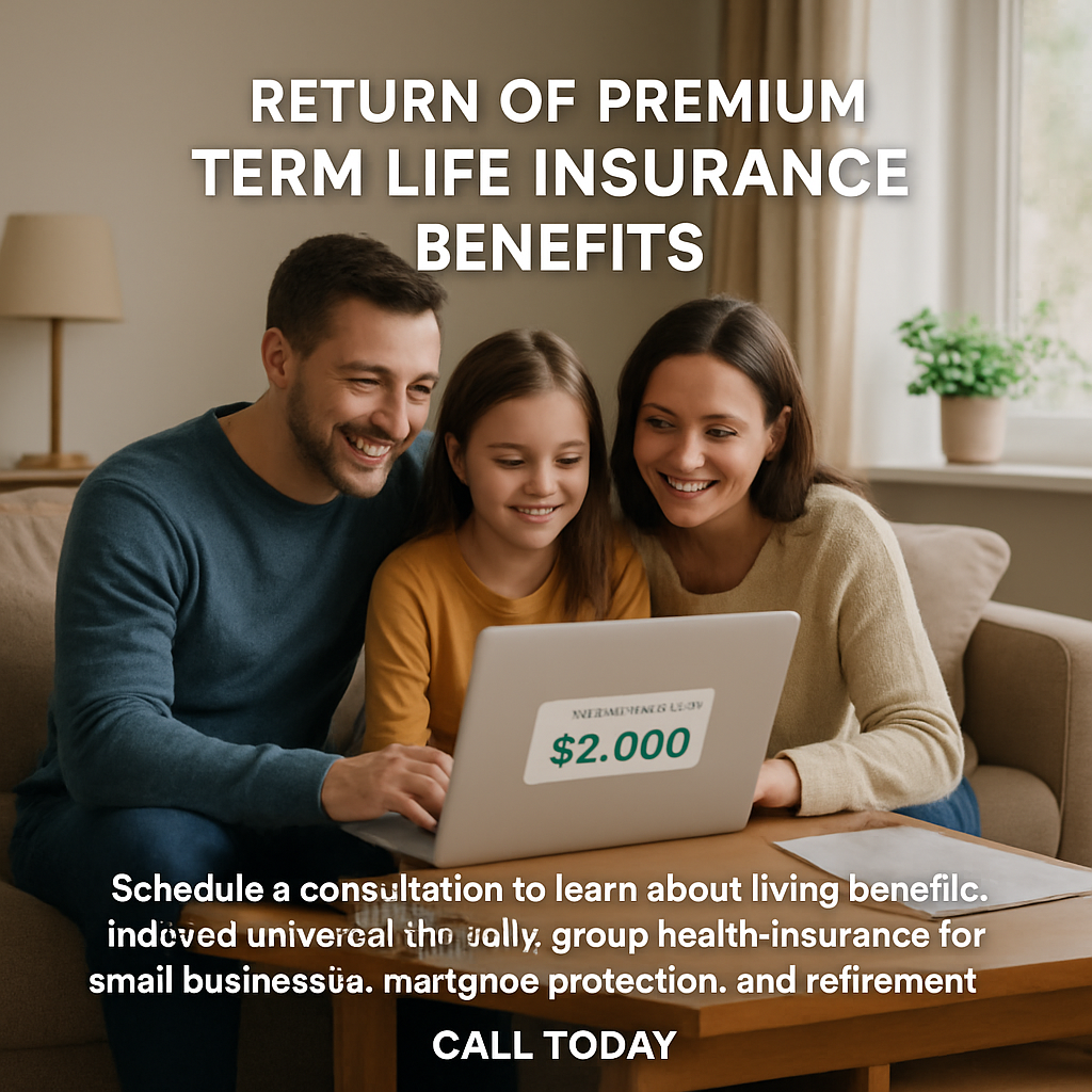 A cozy living room scene with a family reviewing life‑insurance documents on a laptop, smiling as they see a refund amount highlighted. Alt: Return of premium term life insurance benefits illustration