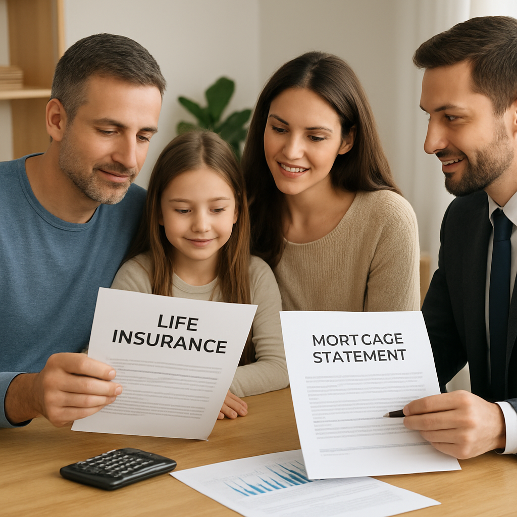 A family reviewing financial plans with a life‑insurance document and a mortgage statement. Alt: return of premium term life insurance integration with mortgage.