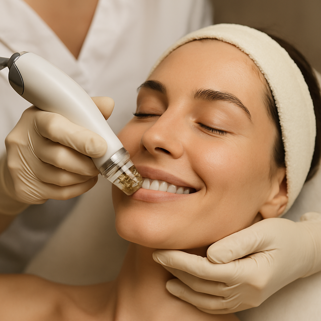 Close-up of a cosmetic professional performing RF microneedling treatment on a smiling woman’s face, showing the precision and care involved. Alt: RF microneedling treatment at Simcoe cosmetic clinic for skin rejuvenation.