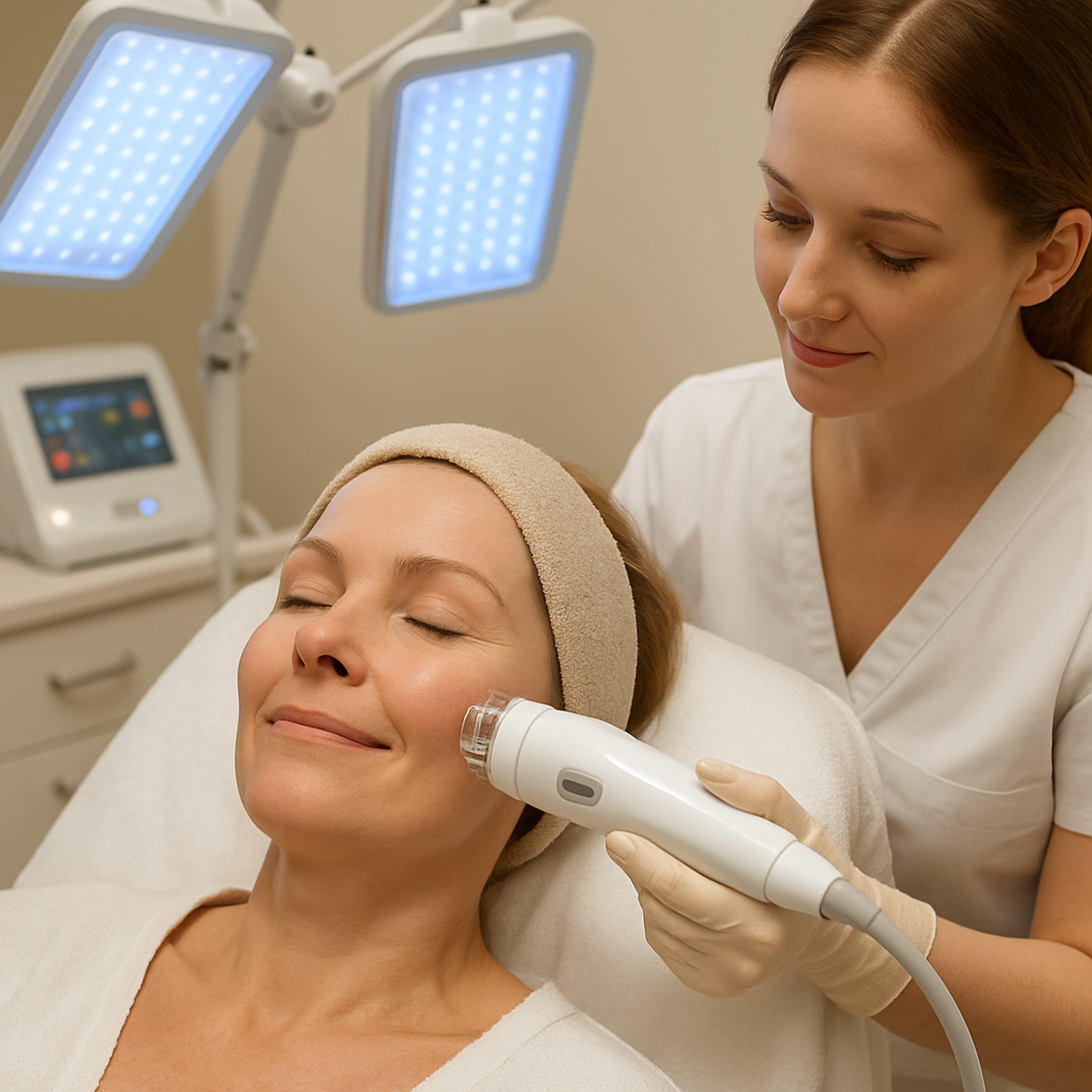 An inviting clinic setting showing a patient undergoing RF microneedling treatment with gentle radiofrequency panels, illustrating skin rejuvenation in a comfortable medspa environment. Alt: RF microneedling treatment at Simcoe Cosmetic Clinic in Barrie with advanced skin rejuvenation technology.