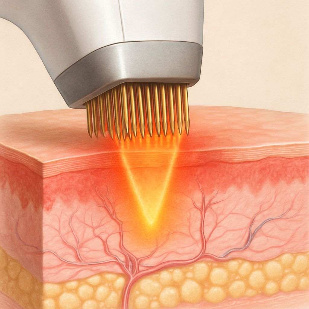 Illustration showing the RF microneedling process highlighting the needle penetration and radiofrequency heat delivery beneath the skin surface. Alt: RF microneedling device applying needles and radiofrequency energy to skin, illustrating treatment mechanism and typical side effects like redness and swelling.