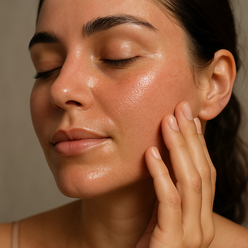 A close-up of a relaxed woman gently touching her glowing skin post-RF microneedling treatment. Alt: RF microneedling side effects management and skin care recovery tips