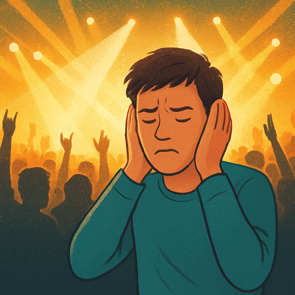 A concert crowd with bright lights, a person covering ears, showing the moment after a performance. Alt: ringing ears after concert illustration.