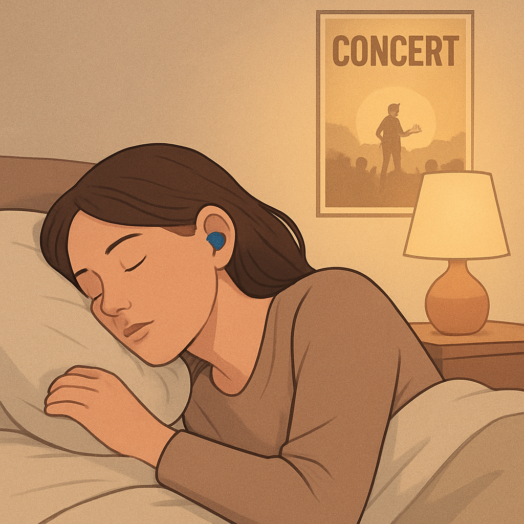 A peaceful bedroom scene with a side‑sleeper wearing silicone earplugs, soft lighting, and a muted concert poster on the wall. Alt: side sleeper using silicone earplugs to prevent ringing ears after concert