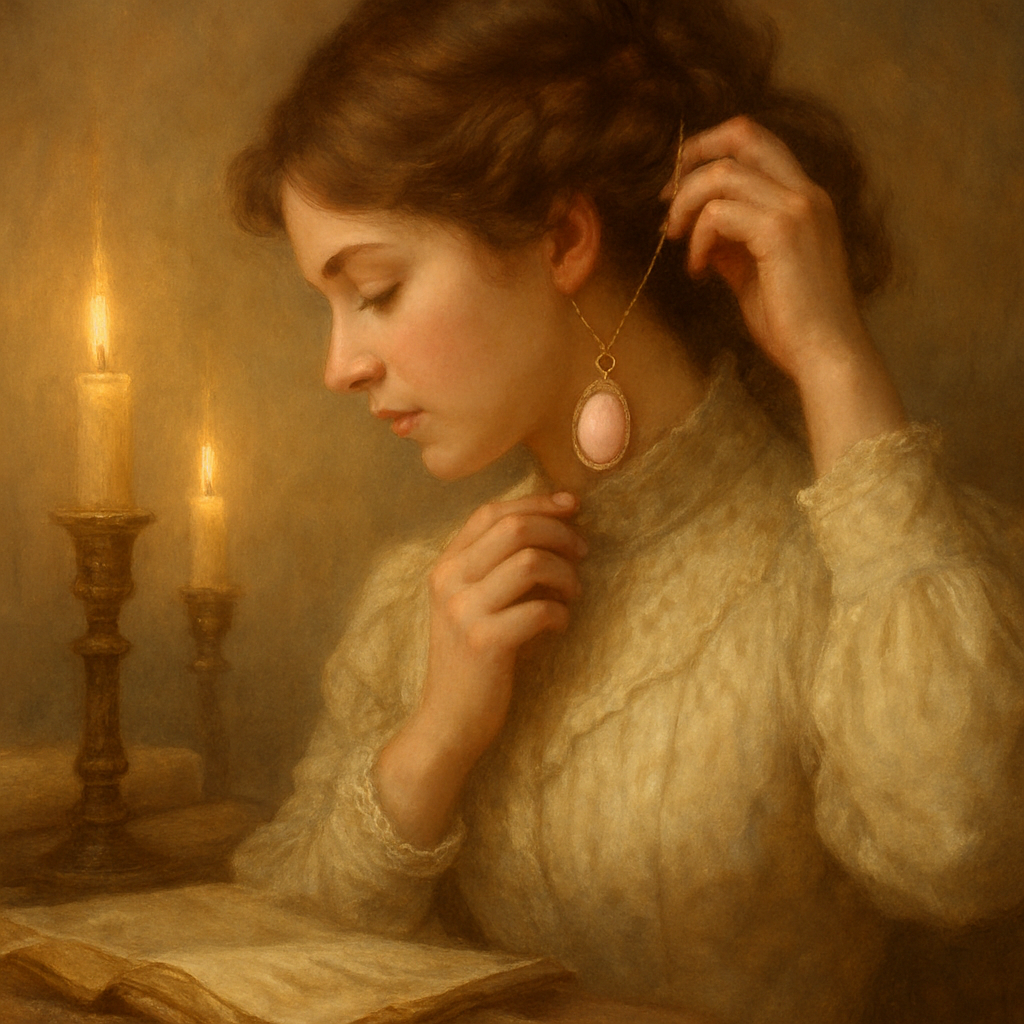 A soft-focus illustration of a Victorian lady fastening a rose‑quartz pendant to her hair, surrounded by candlelight and ancient scrolls. Alt: Victorian rose quartz jewellery history illustration