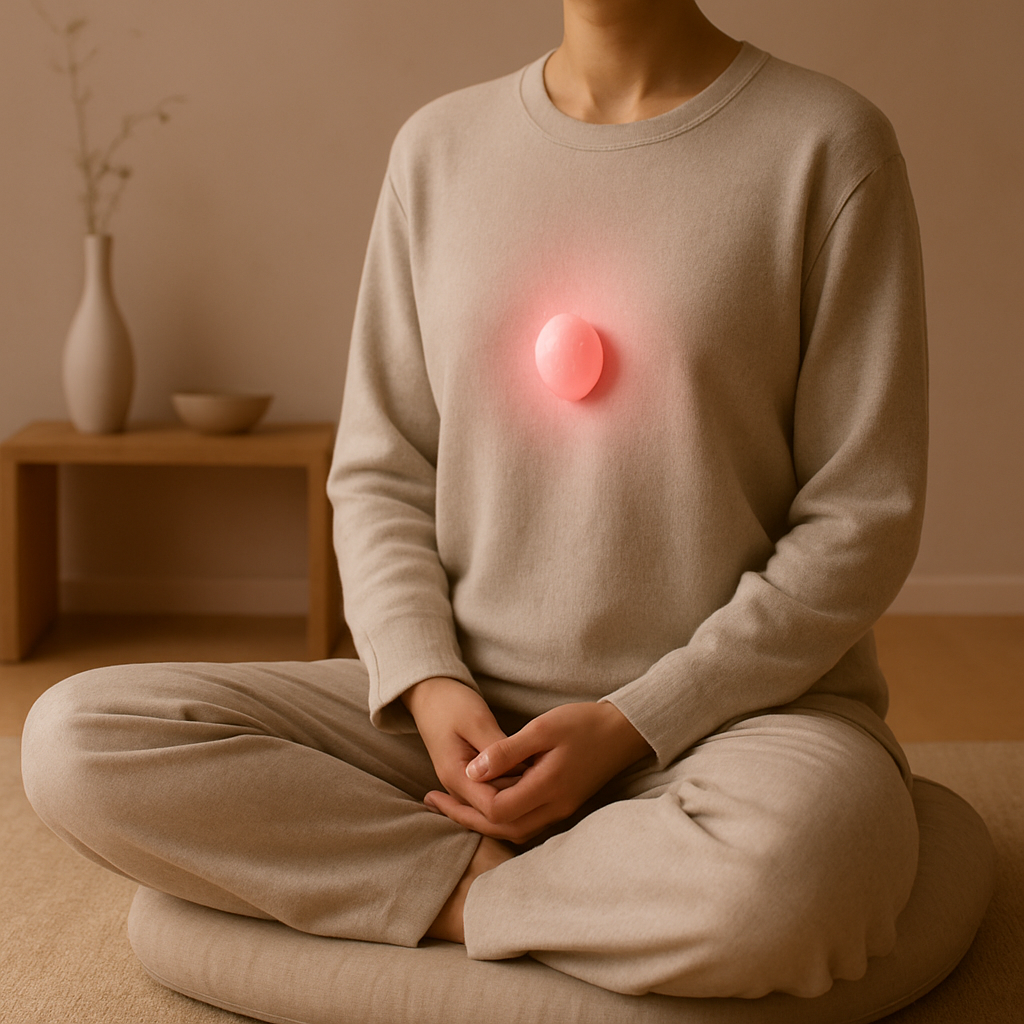 A serene meditation space with a cushion, a small rose quartz stone placed on the chest area of a seated figure, soft pink light radiating from the stone. Alt: Rose quartz meditation for heart chakra alignment