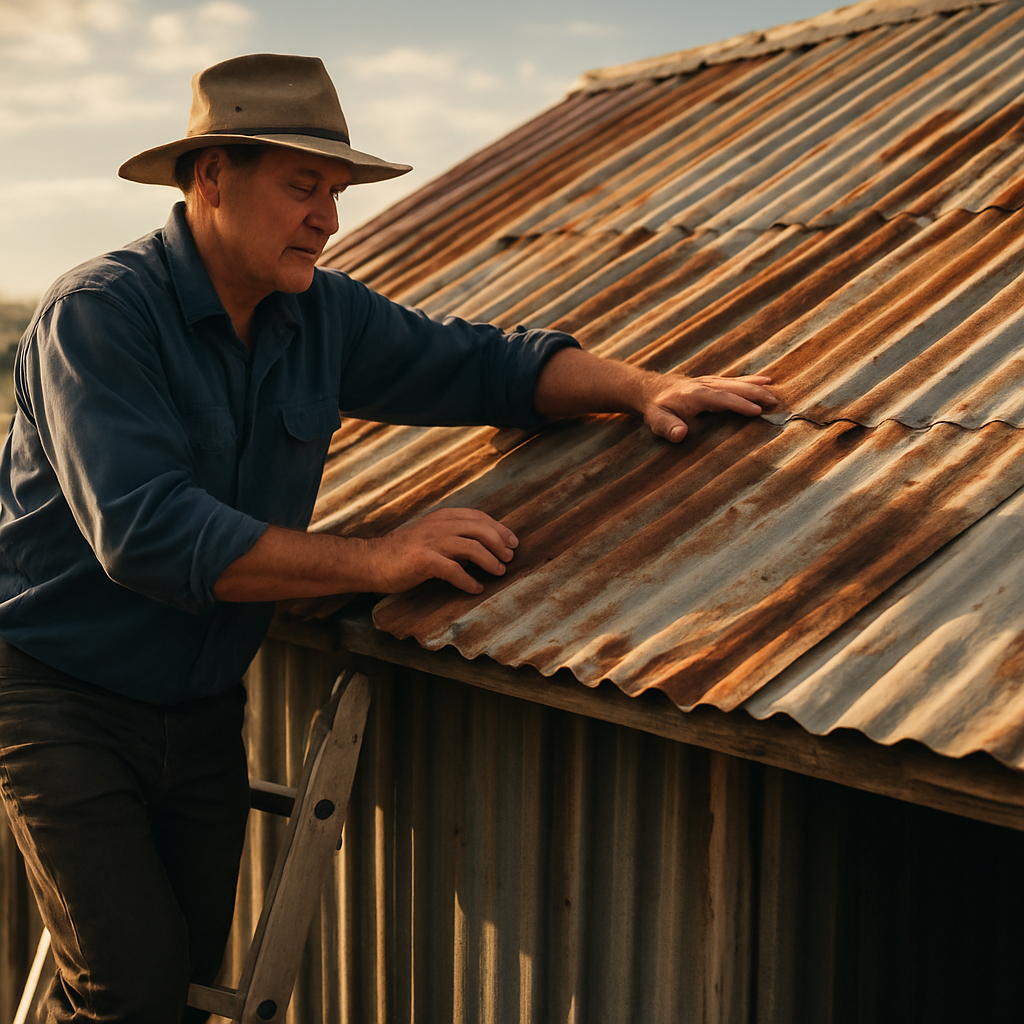 A farmer standing on a ladder inspecting a corrugated metal shed roof, sunlight highlighting rust patches and sagging panels. Alt: Assessing shed roof condition for repair cost evaluation.