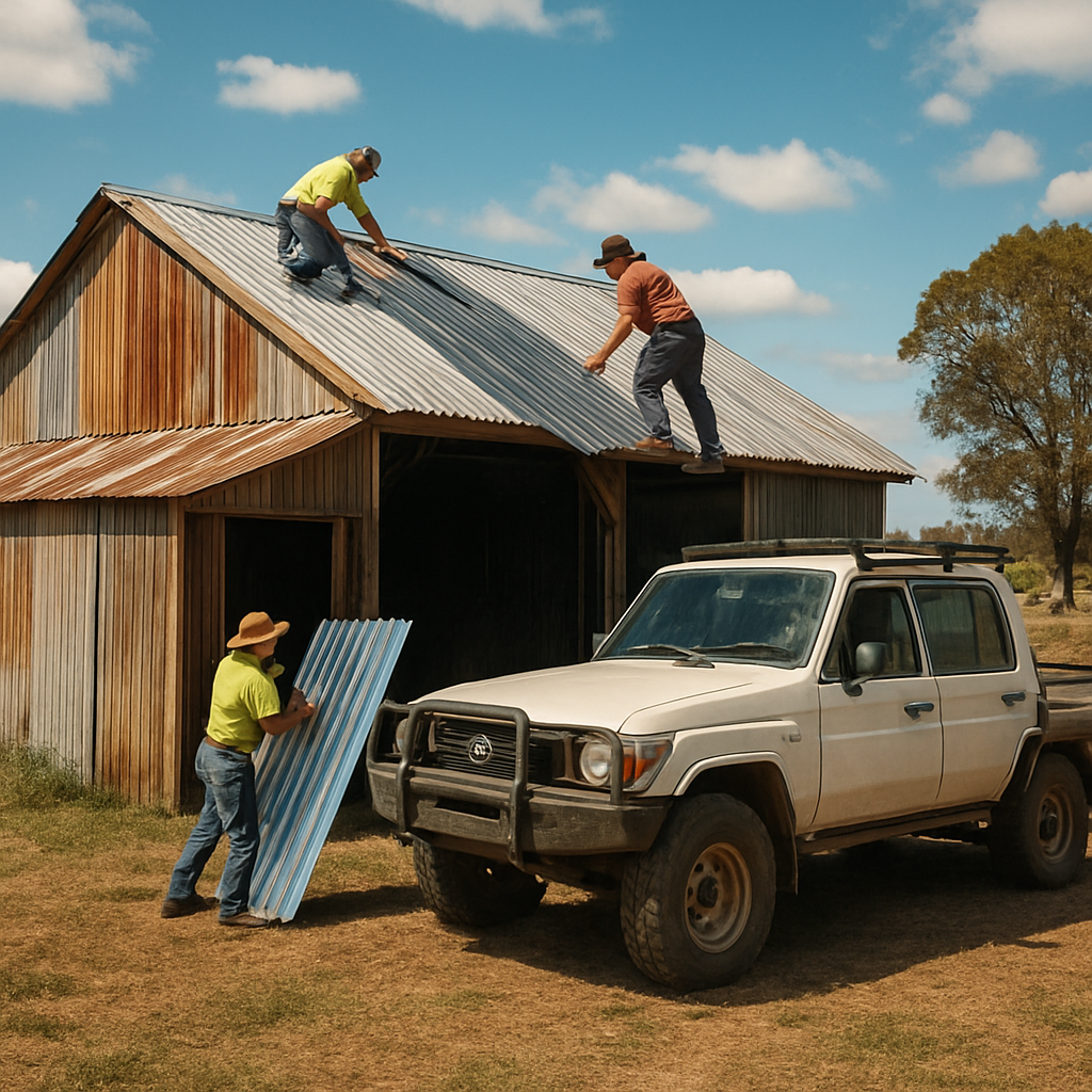 A rustic Australian farm shed under a bright sky, workers installing a new steel roof with a 4×4 vehicle parked nearby. Alt: Shed roof replacement cost, rural NSW, farm building renovation.