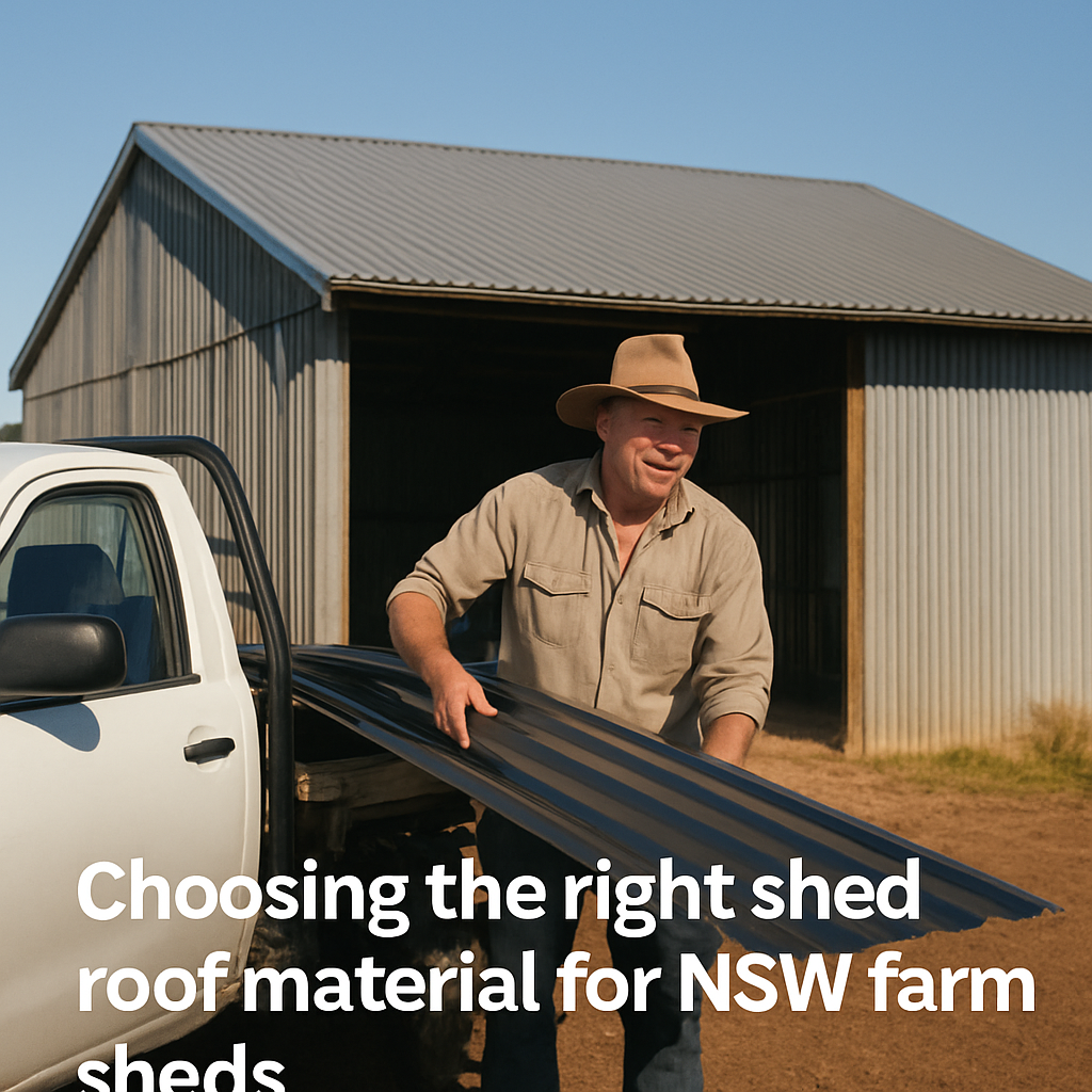 A farm shed with a newly installed colour‑bond roof, bright Australian sun, 4×4 truck unloading panels. Alt: Choosing the right shed roof material for NSW farm sheds