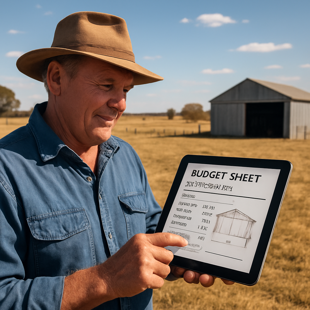 A farmer reviewing a budget sheet with shed roof plans on a tablet under a sunny NSW farm. Alt: budgeting and financing shed roof replacement cost guide