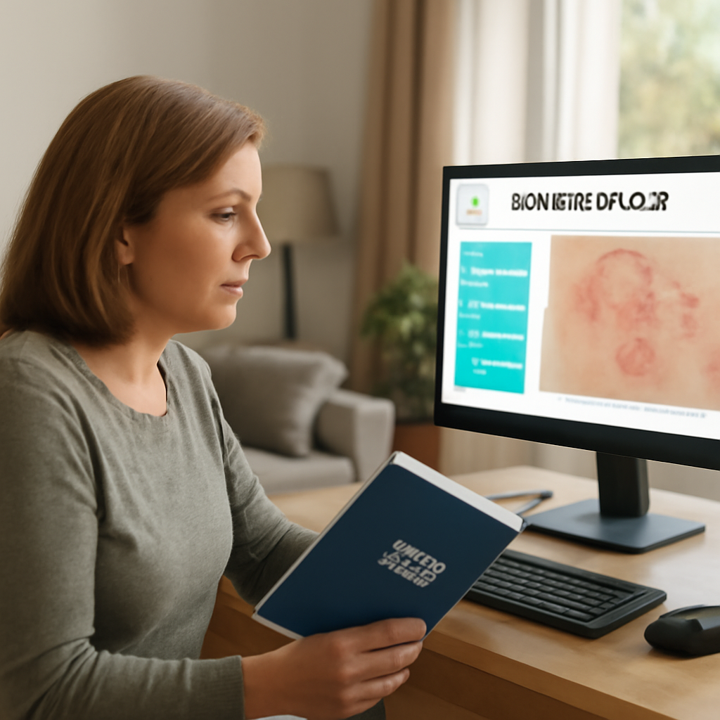 A person in a calm living room holding a medical diary and looking at a computer screen with a healthcare app. Alt: Homeowner tracking shingles symptoms with a digital diary.