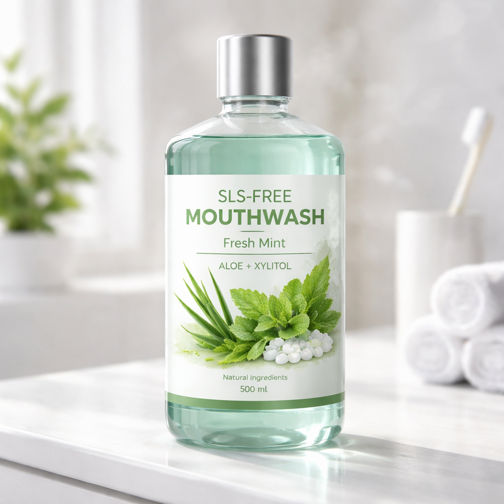 A photorealistic close‑up of a sleek bottle of SLS‑free mouthwash on a clean white bathroom countertop, with a soft natural light highlighting the label that shows botanical ingredients like aloe and xylitol, and a faint steam effect suggesting a fresh morning routine. Alt: SLS‑free mouthwash bottle with natural ingredients displayed