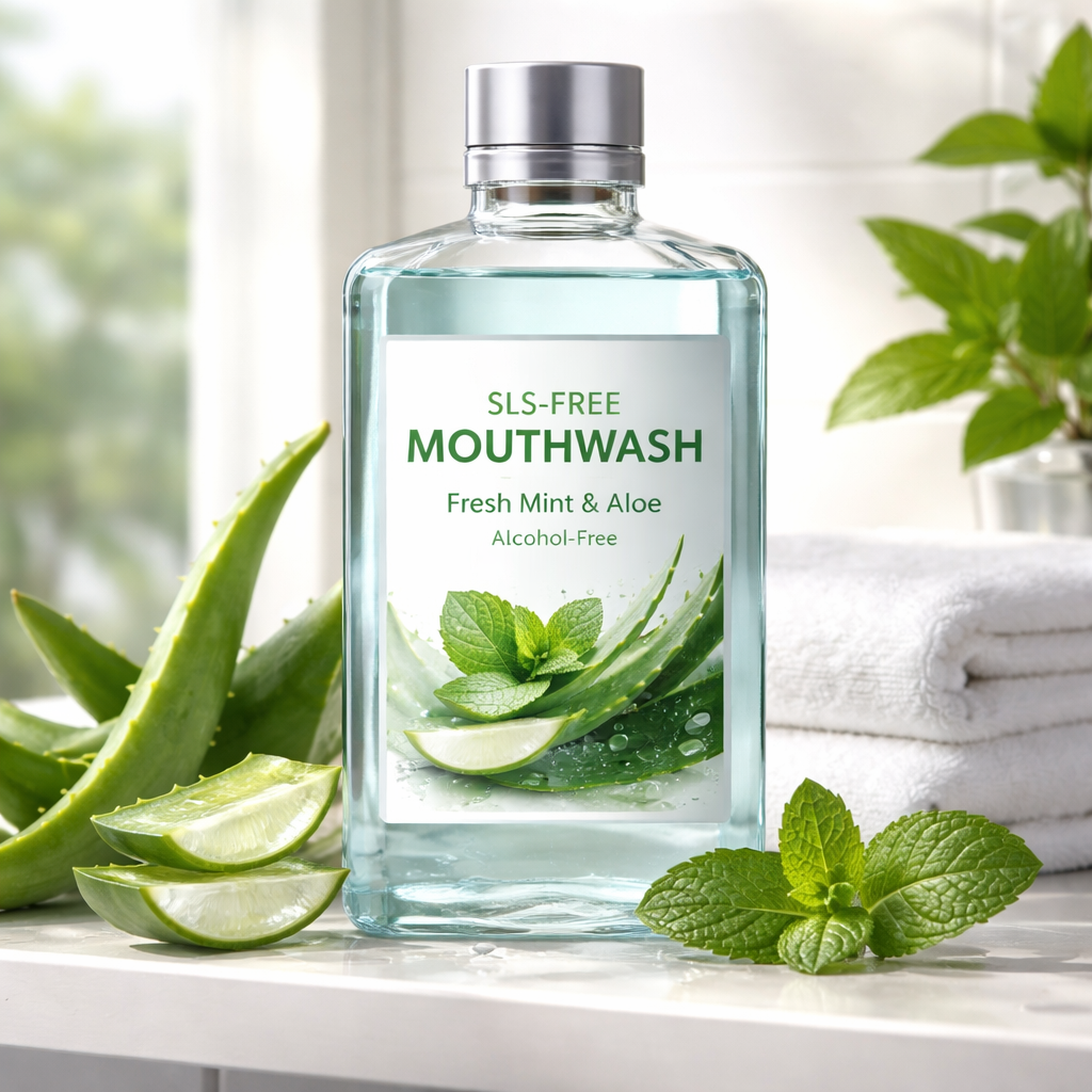 A photorealistic close‑up of a sleek, clear glass bottle of SLS‑free mouthwash on a modern bathroom shelf, surrounded by fresh aloe leaves, a sprig of mint, and a soft natural light highlighting the label, Realism style.