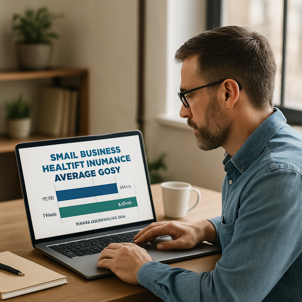 A small business owner reviewing health insurance cost charts on a laptop. Alt: Small business health insurance average cost chart