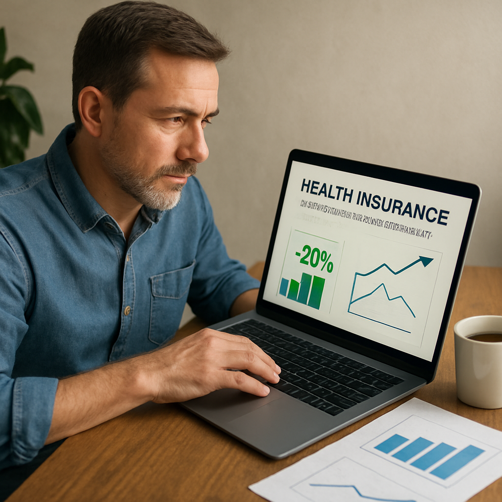 A small‑business owner reviewing health‑insurance options on a laptop, with charts showing cost reductions and a coffee mug beside them. Alt: small business health insurance average cost reduction planning illustration.