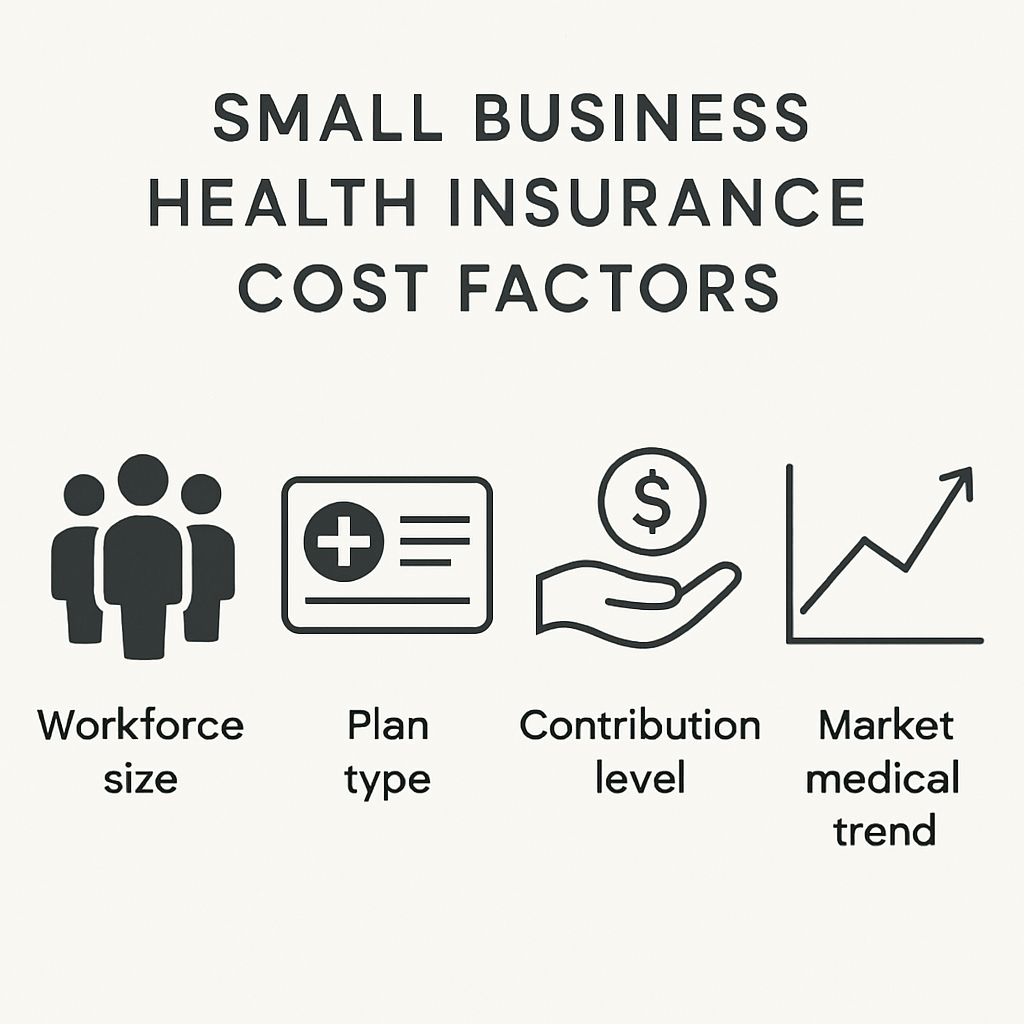 A clean infographic showing the four main drivers of small business health insurance cost – workforce size, plan type, contribution level, and market medical trend – with icons and short captions. Alt: Diagram of small business health insurance cost factors