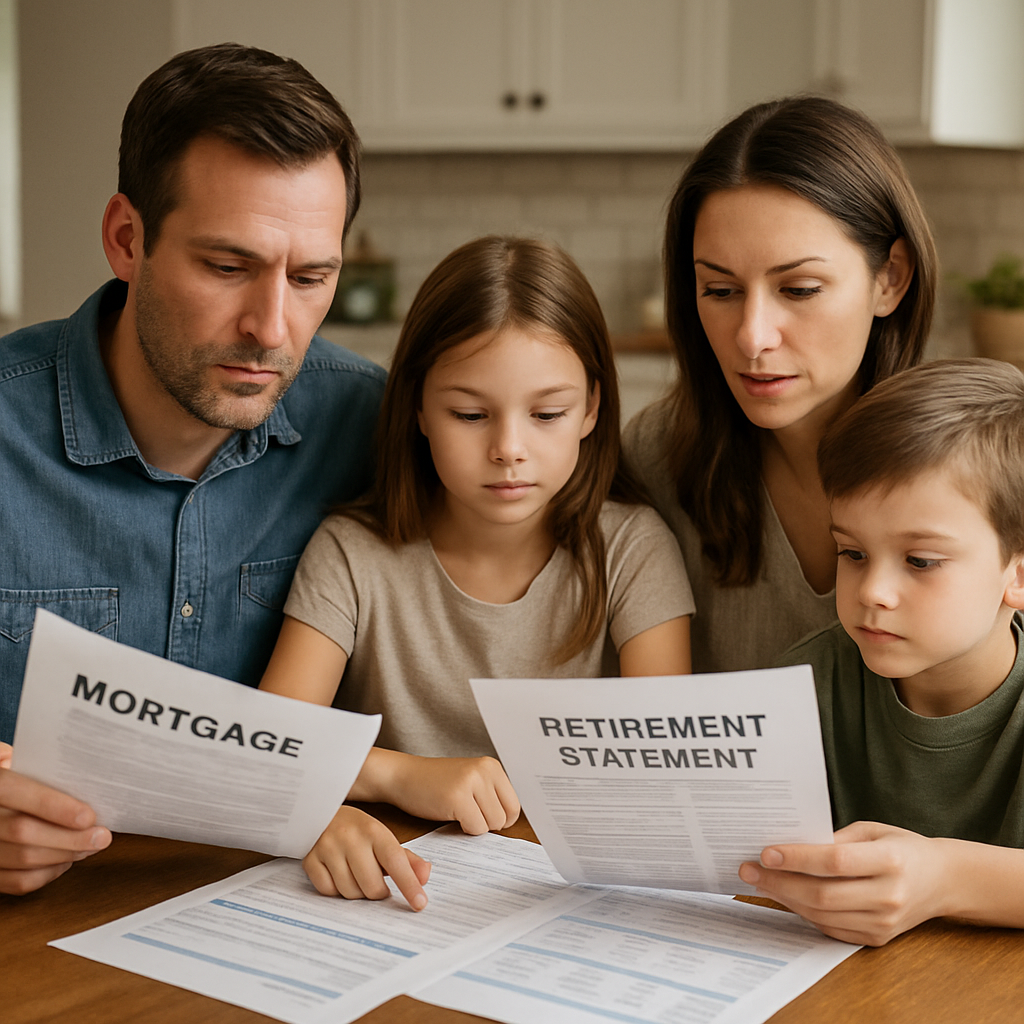 A family reviewing mortgage documents and retirement statements at a kitchen table. Alt: Integrating mortgage protection and retirement planning for small business owners.