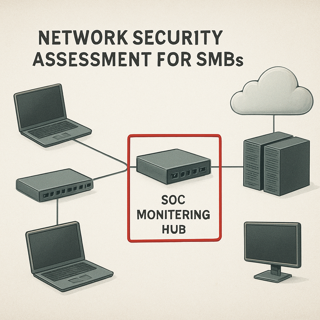 Network security assessment diagram for SMBs featuring a SOC monitoring hub connected to laptops, servers, and cloud, emphasizing cybersecurity integration.