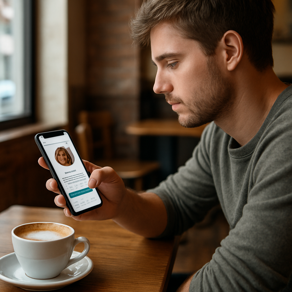 A realistic photorealistic scene of a young adult sitting at a coffee shop, scrolling on a smartphone, with a soft natural light, showing a profile page with a clear profile picture and bio, evoking a casual, authentic vibe. Alt: Social media profile first impression in a realistic coffee shop setting.