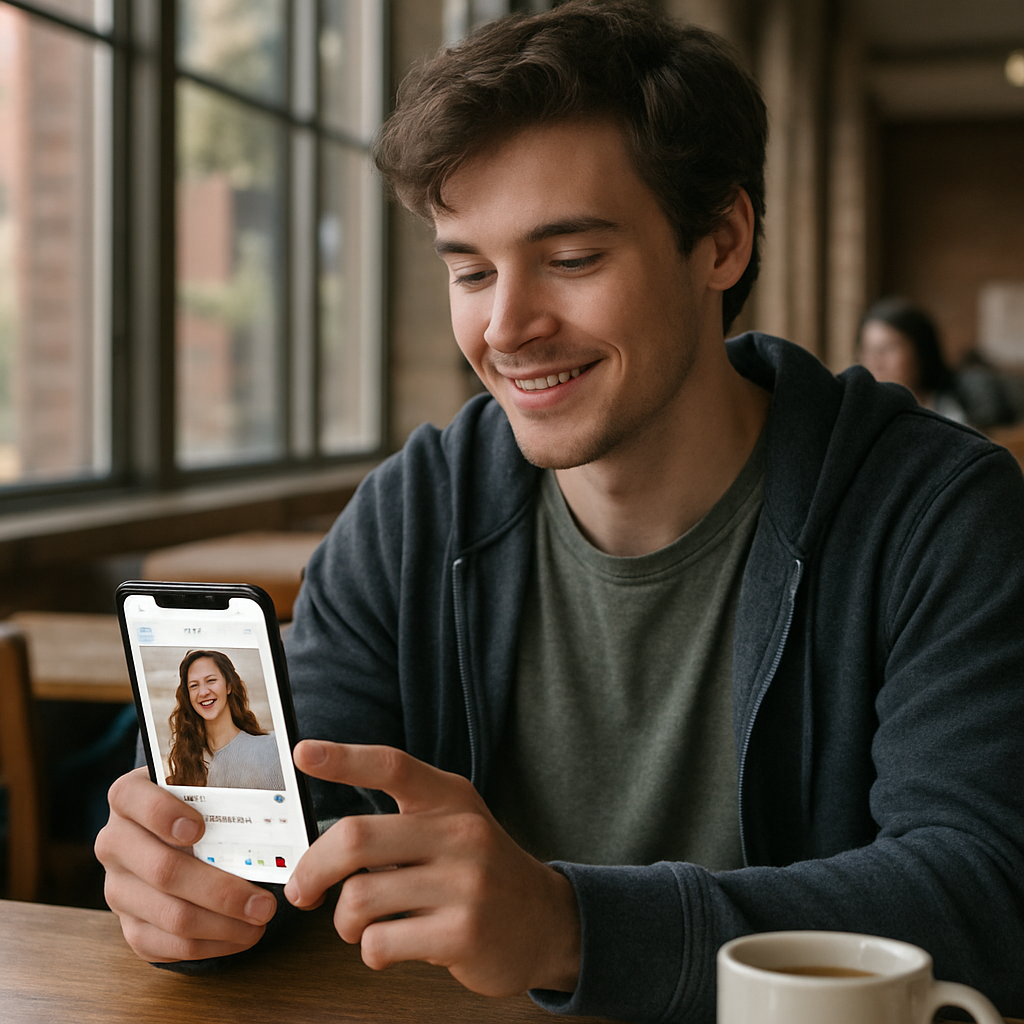 A photorealistic scene of a young adult sitting at a campus coffee shop, phone in hand, reviewing their dating app profile with a natural smile, soft daylight streaming through large windows, highlighting authenticity and casual confidence. Alt: Authentic online dating profile creation in a college setting.