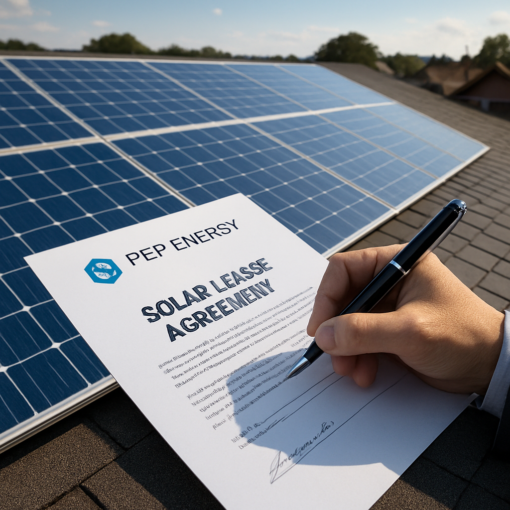 A rooftop with solar panels and a lease contract being signed. Alt: solar lease agreement on home roof.