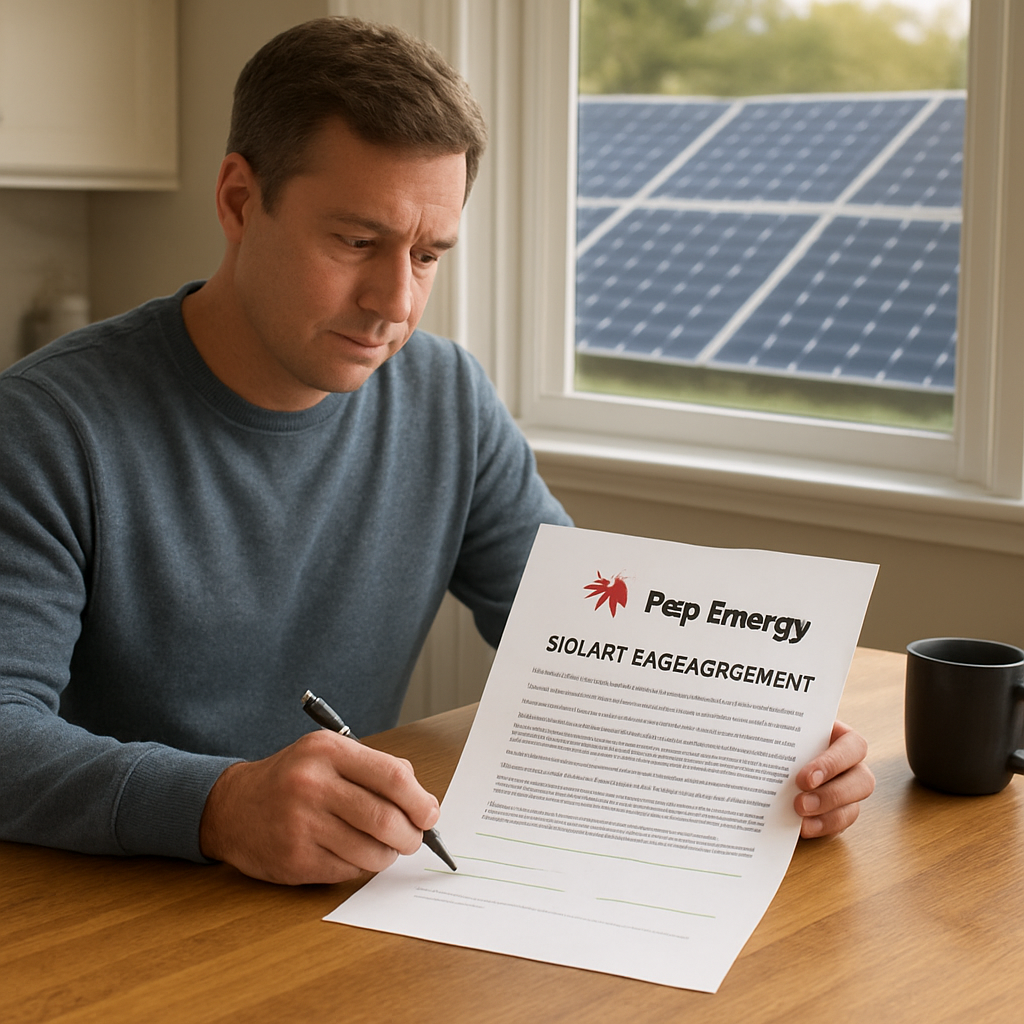 A homeowner reviewing a solar lease agreement on a kitchen table, with solar panels visible through a window. Alt: solar lease signing process illustration