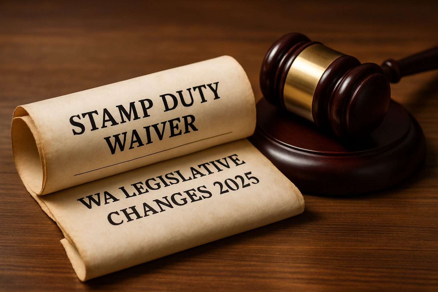 Legislative scroll and gavel illustrating recent WA stamp duty law changes. Alt: stamp duty waiver wa legislative changes 2025