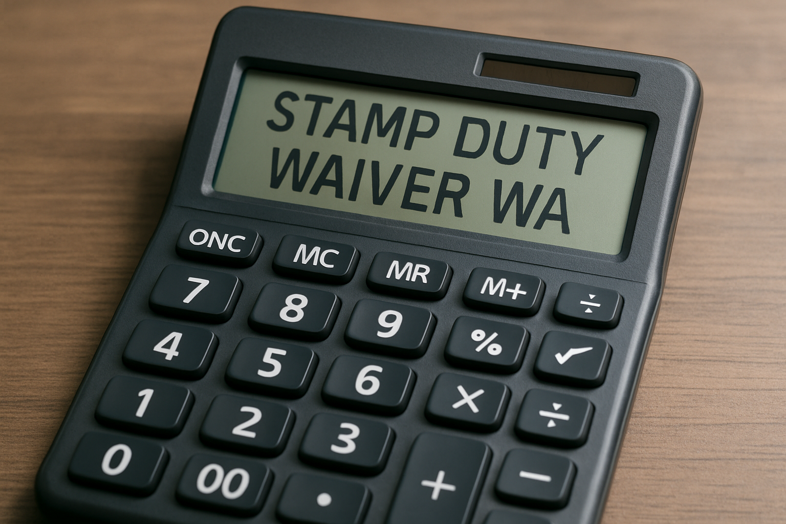 Digital calculator with 'STAMP DUTY WAIVER WA' highlighted on display, symbolising calculation of concessional rates. Alt: stamp duty waiver WA calculator tool