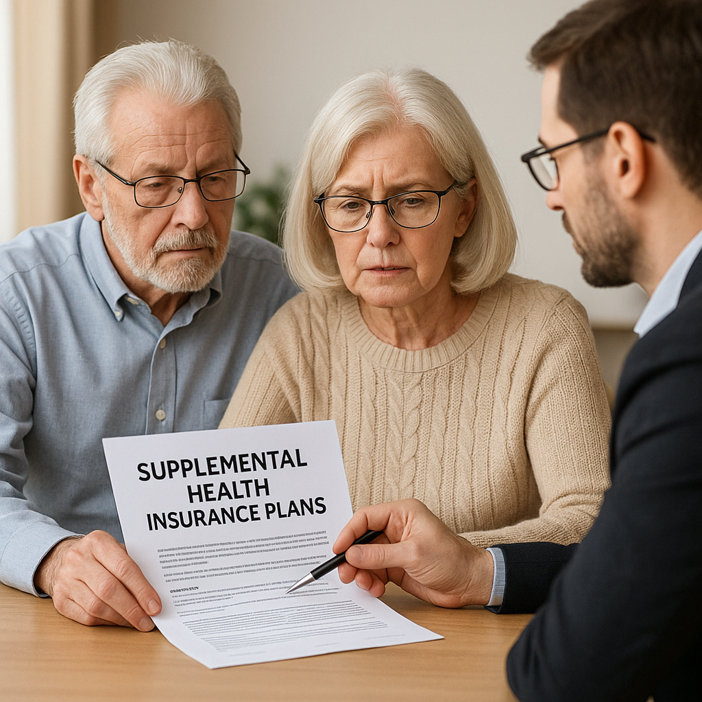 A caring senior couple reviewing supplemental health insurance documents with a trusted insurance agent. Alt: Supplemental health insurance plans for seniors consultation and coverage options.