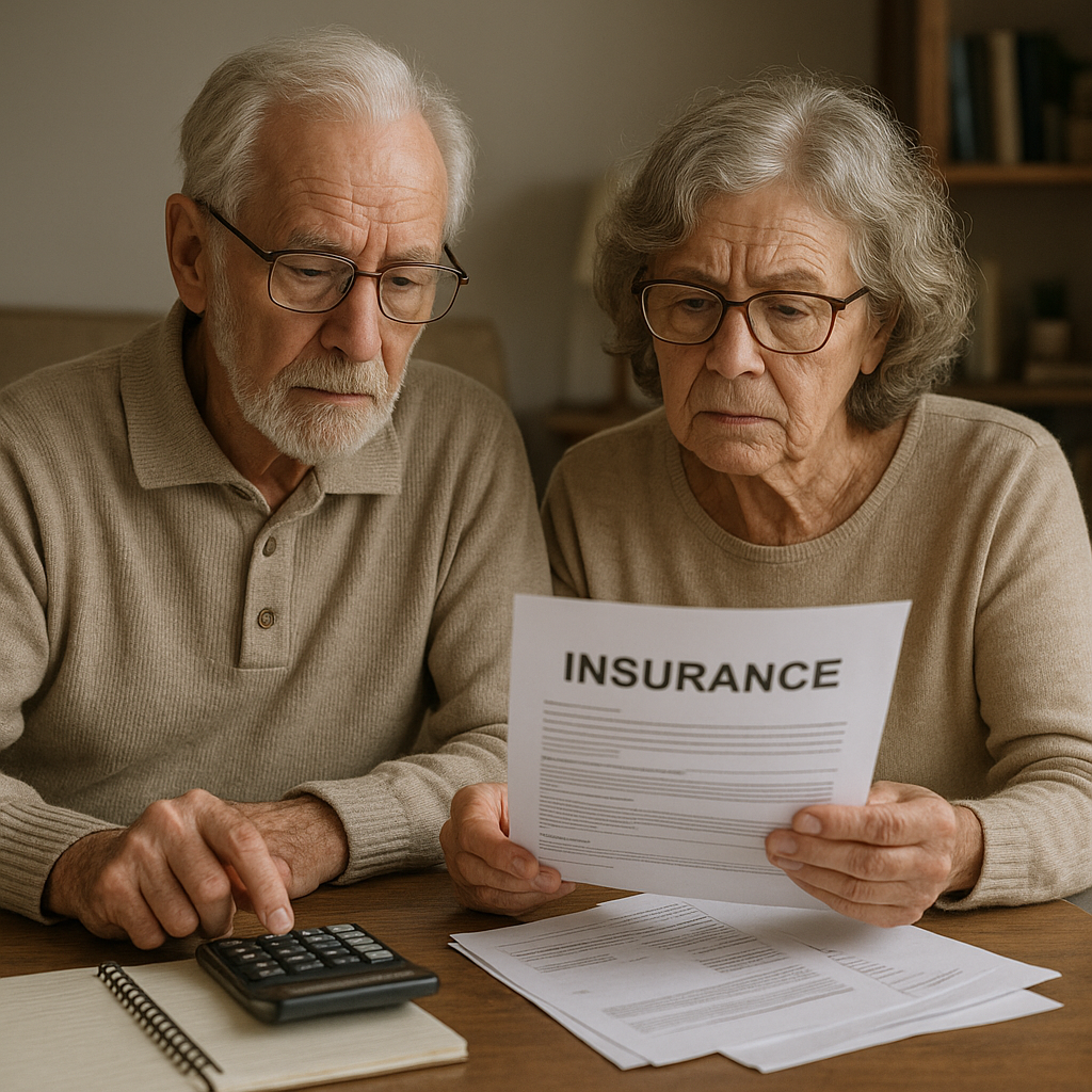 An elderly couple reviewing insurance paperwork at home, illustrating budgeting for supplemental health insurance plans for seniors. Alt: Seniors budgeting supplemental health insurance plans for seniors.