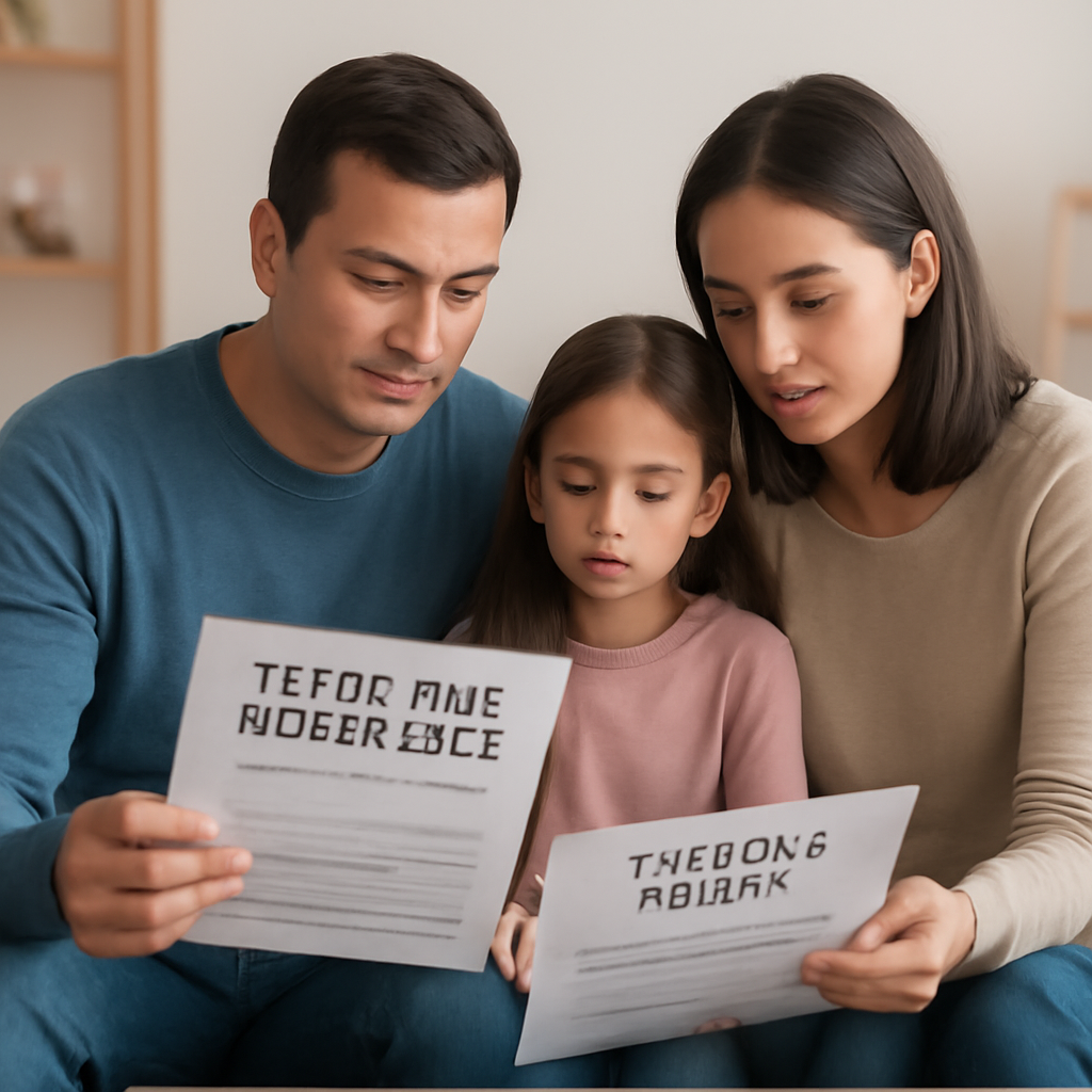 A calm living room scene with a family reviewing insurance paperwork together, highlighting a term life policy document and a medical report. Alt: term life insurance with critical illness rider family discussion