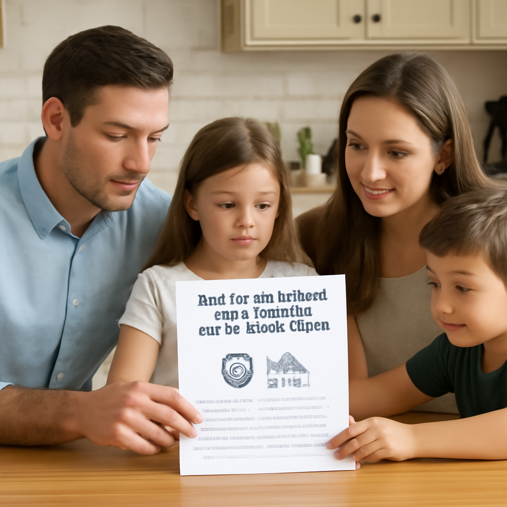 A family sitting at a kitchen table reviewing a term life insurance policy and a critical illness rider illustration. Alt: term life insurance with critical illness rider guide for families.