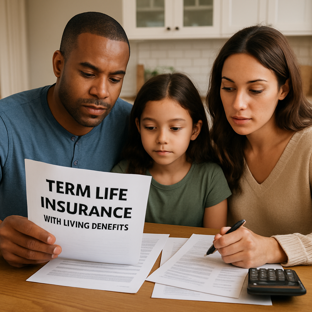 A family sitting at a kitchen table reviewing a term life insurance policy with living benefits, calculator and paperwork spread out. Alt: term life insurance with living benefits review.