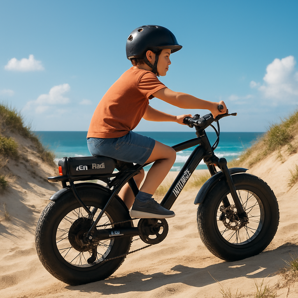 A child riding a Grom e‑bike up a coastal dune with the battery pack visible on the rear rack, bright Australian sky. Alt: 48v 15ah ebike battery powering kids e‑bike on a dune